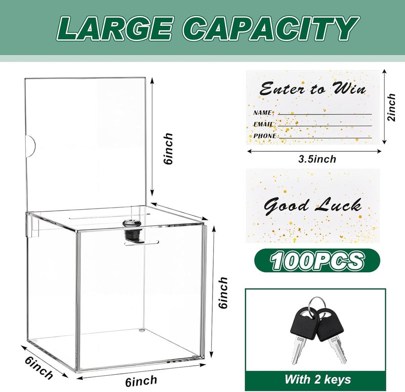 Teling صندوق تبرعات أكريليك طويل مع قفل ولوحة علامة صندوق اقتراحات آمن مع 100 بطاقة تذاكر سحب للتذاكر، المال، التصويت، الأعمال الخيرية، الاقتراحات (6 × 6 × 6 بوصة، شفاف) - Image 2